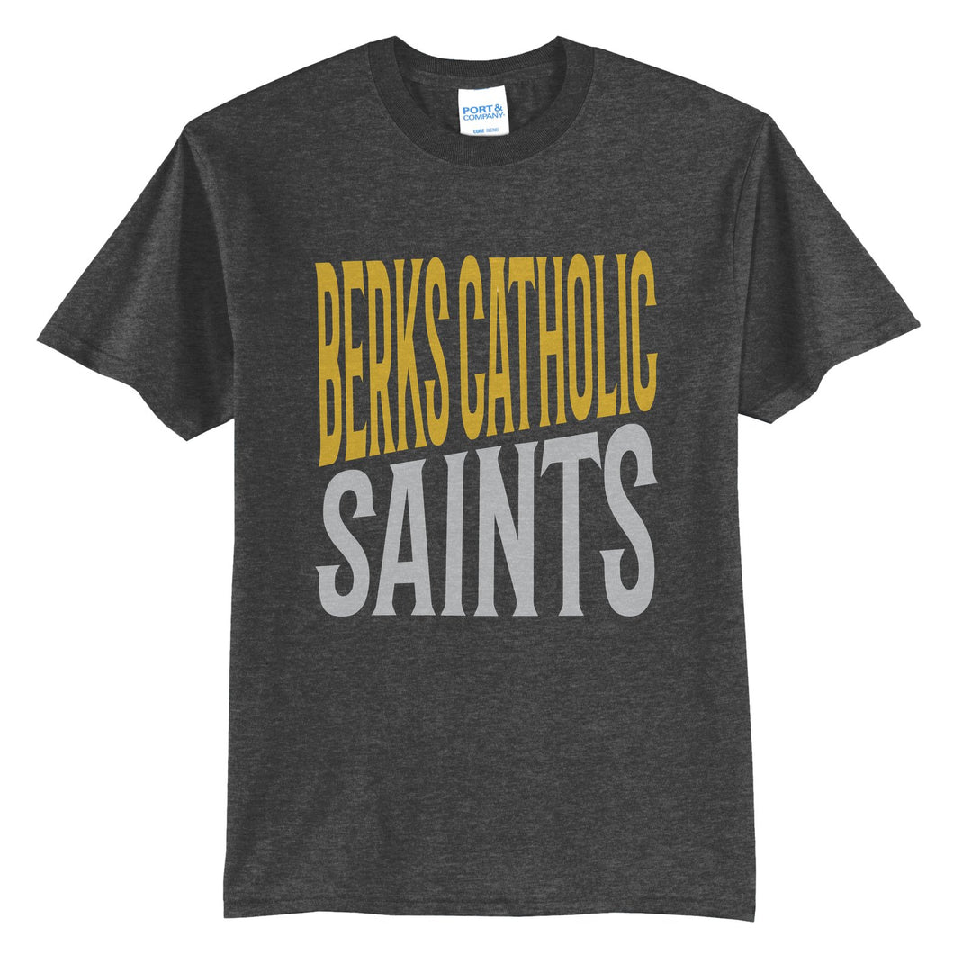 Berks Catholic Saints Block Stack t-shirt in Dark Heather Grey: tall BERKS CATHOLIC stacked over SAINTS in condensed block letters
