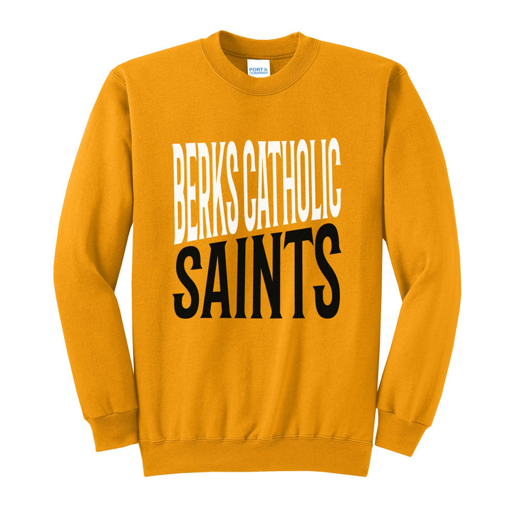 Berks Catholic Saints Block Stack crewneck sweatshirt in Gold: tall BERKS CATHOLIC stacked over SAINTS in condensed block letters