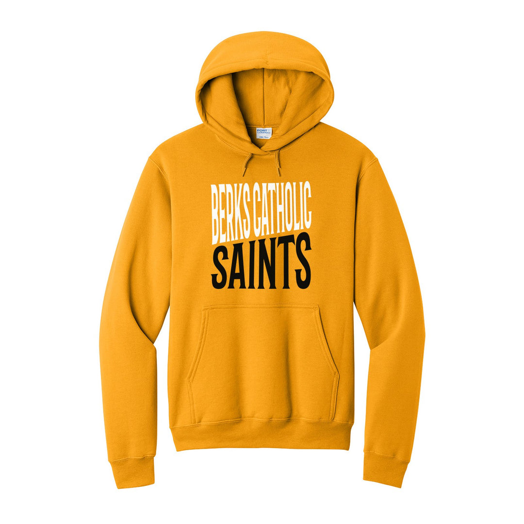Berks Catholic Saints Block Stack hoodie in Gold: tall BERKS CATHOLIC stacked over SAINTS in condensed block letters