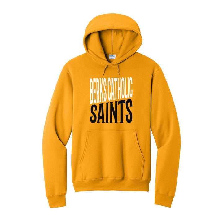 Berks Catholic Saints Block Stack hoodie in Gold: tall BERKS CATHOLIC stacked over SAINTS in condensed block letters