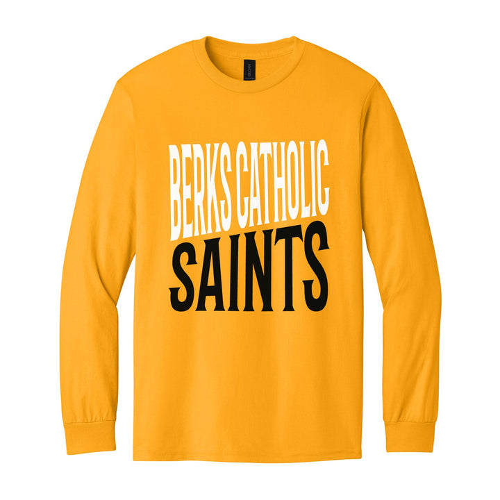 Berks Catholic Saints Block Stack long sleeve t-shirt in Gold: tall BERKS CATHOLIC stacked over SAINTS in condensed block letters