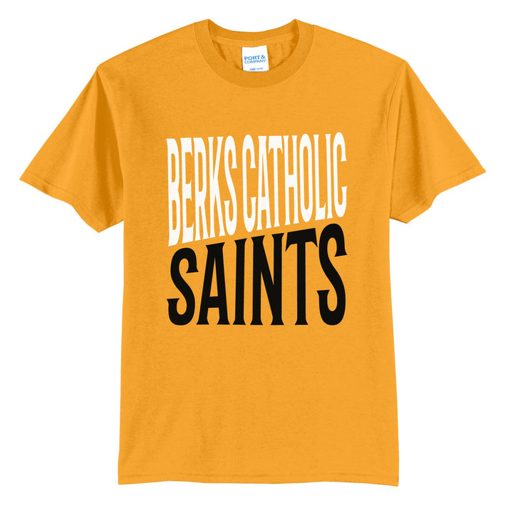 Berks Catholic Saints Block Stack t-shirt in Gold: tall BERKS CATHOLIC stacked over SAINTS in condensed block letters