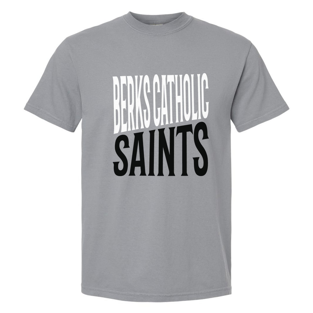 Berks Catholic Saints Block Stack comfort colors t-shirt in Granite: tall BERKS CATHOLIC stacked over SAINTS in condensed block letters