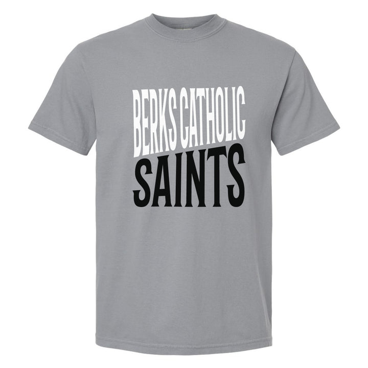 Berks Catholic Saints Block Stack comfort colors t-shirt in Granite: tall BERKS CATHOLIC stacked over SAINTS in condensed block letters