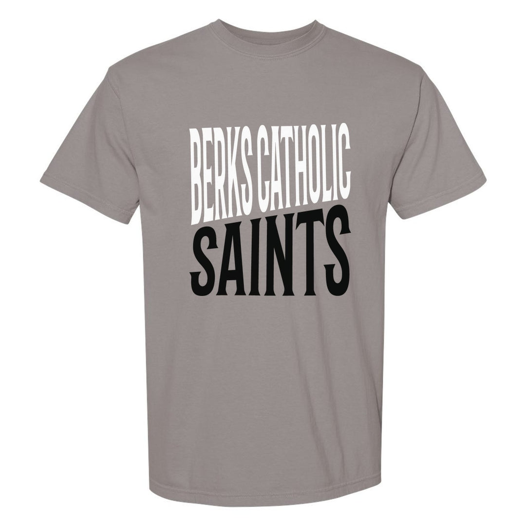 Berks Catholic Saints Block Stack comfort colors t-shirt in Grey: tall BERKS CATHOLIC stacked over SAINTS in condensed block letters