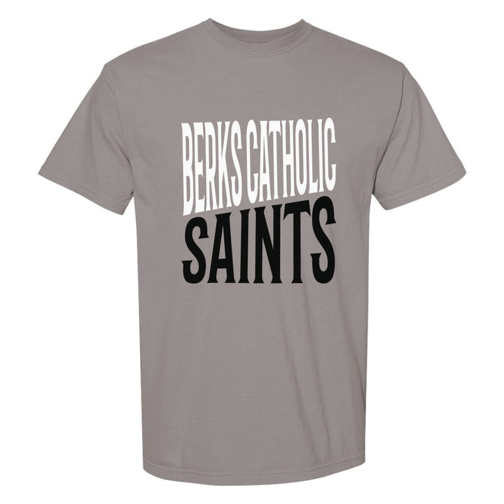 Berks Catholic Saints Block Stack comfort colors t-shirt in Grey: tall BERKS CATHOLIC stacked over SAINTS in condensed block letters