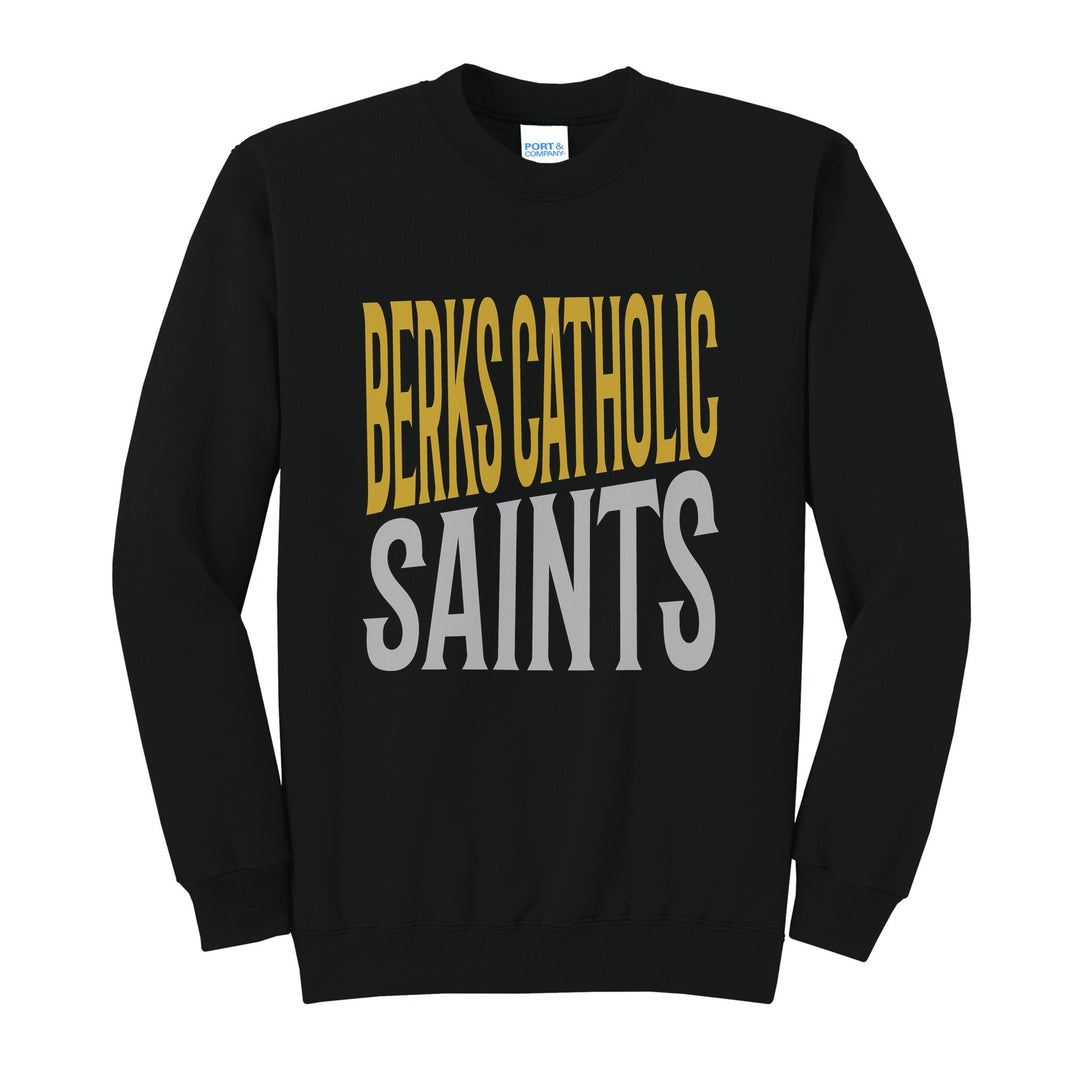 Berks Catholic Saints Block Stack crewneck sweatshirt in Jet Black: tall BERKS CATHOLIC stacked over SAINTS in condensed block letters