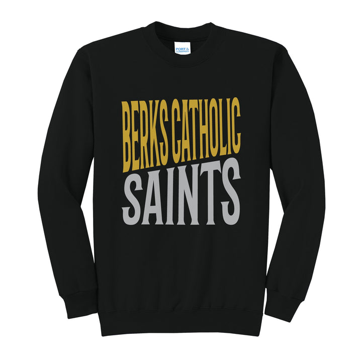 Berks Catholic Saints Block Stack crewneck sweatshirt in Jet Black: tall BERKS CATHOLIC stacked over SAINTS in condensed block letters