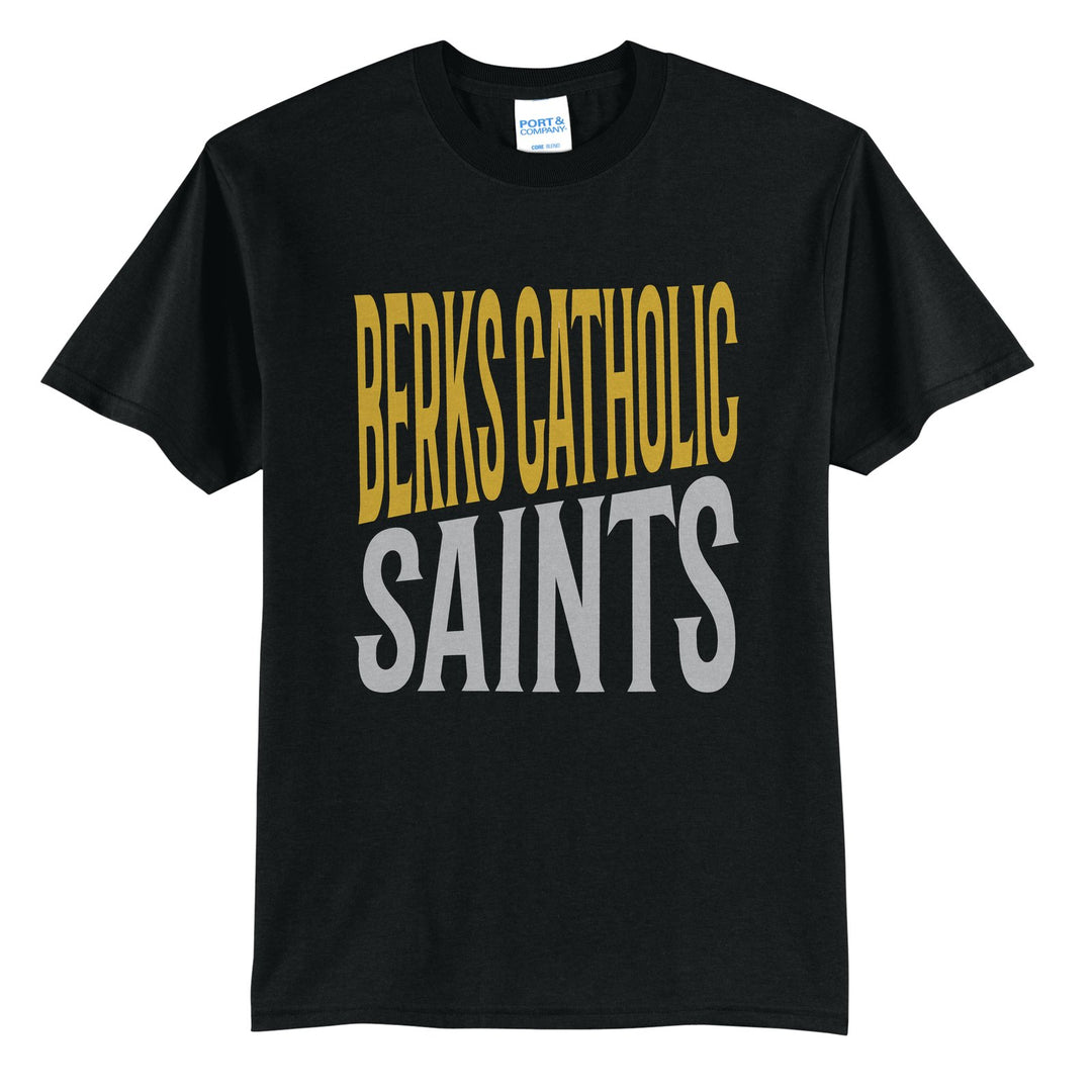 Berks Catholic Saints Block Stack t-shirt in Jet Black: tall BERKS CATHOLIC stacked over SAINTS in condensed block letters