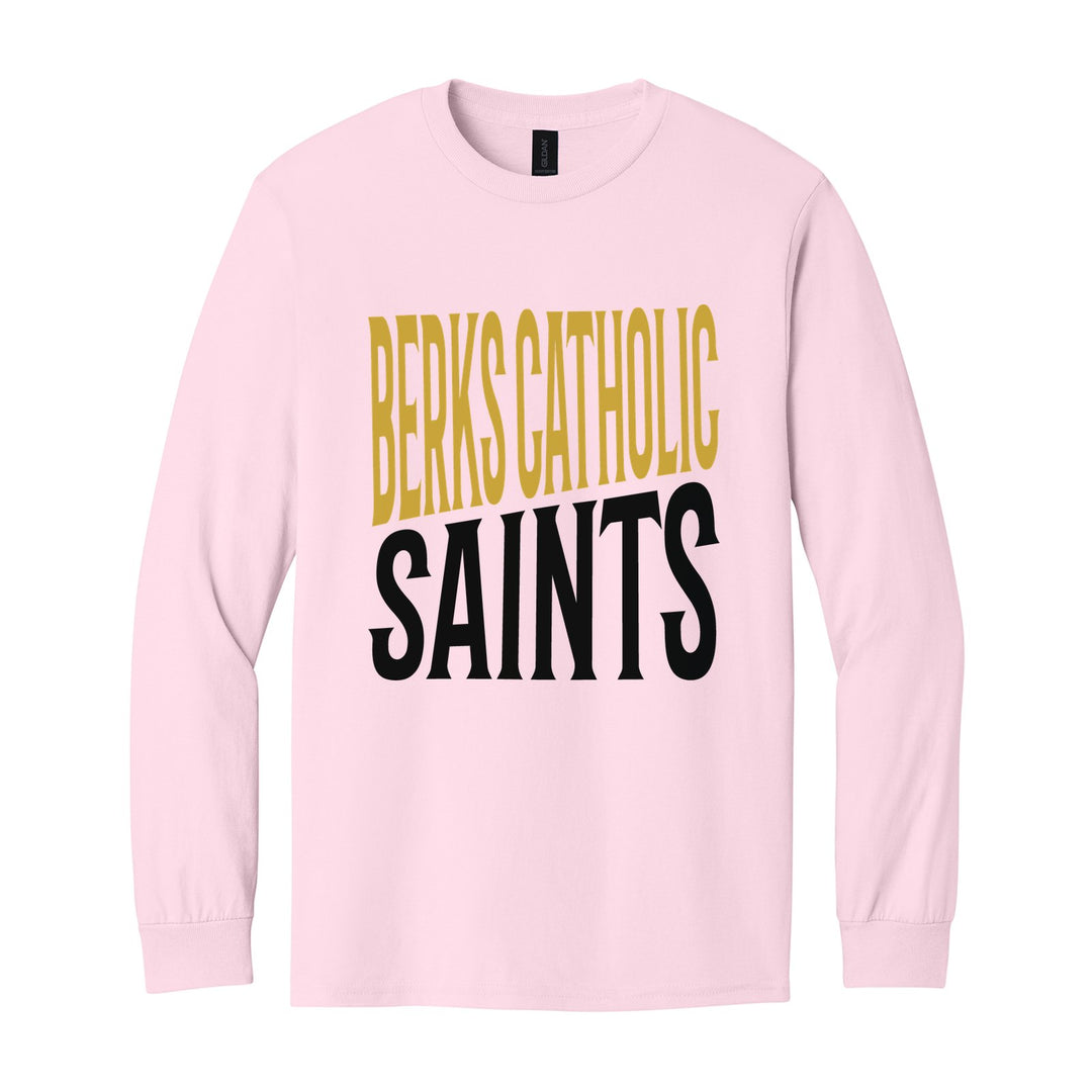 Berks Catholic Saints Block Stack long sleeve t-shirt in Light Pink: tall BERKS CATHOLIC stacked over SAINTS in condensed block letters