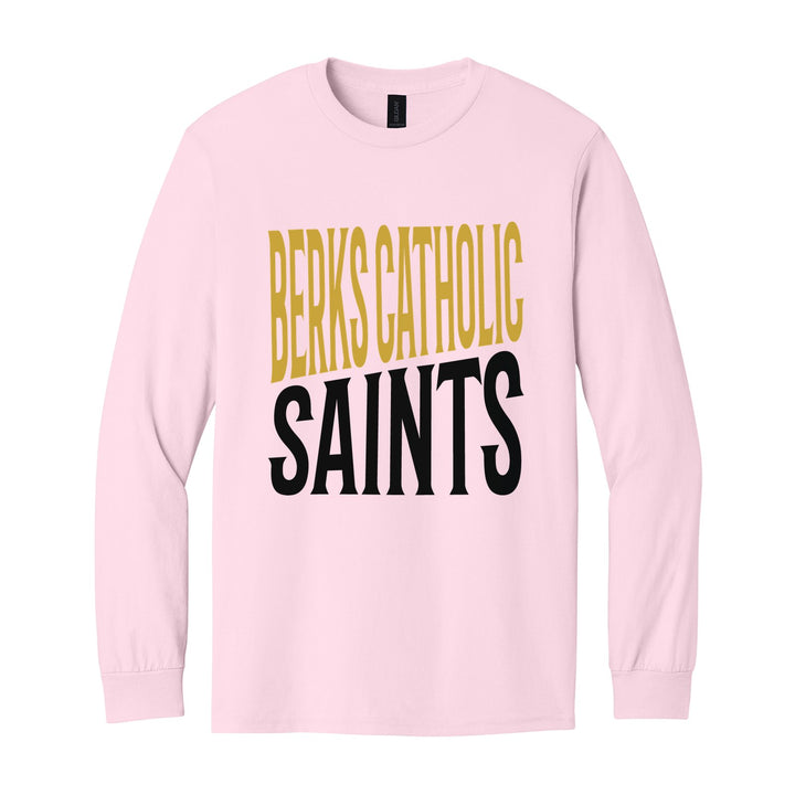 Berks Catholic Saints Block Stack long sleeve t-shirt in Light Pink: tall BERKS CATHOLIC stacked over SAINTS in condensed block letters