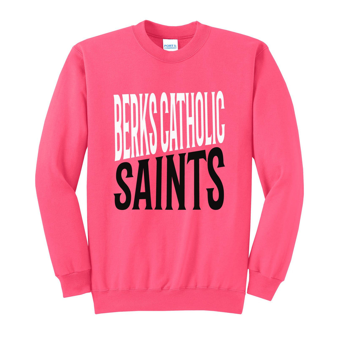 Berks Catholic Saints Block Stack crewneck sweatshirt in Neon Pink: tall BERKS CATHOLIC stacked over SAINTS in condensed block letters