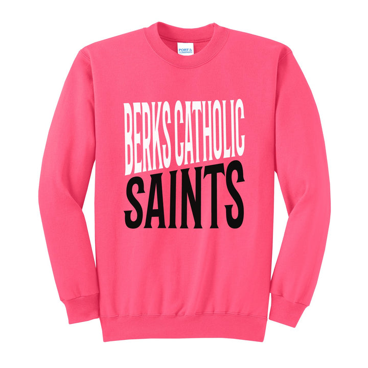 Berks Catholic Saints Block Stack crewneck sweatshirt in Neon Pink: tall BERKS CATHOLIC stacked over SAINTS in condensed block letters