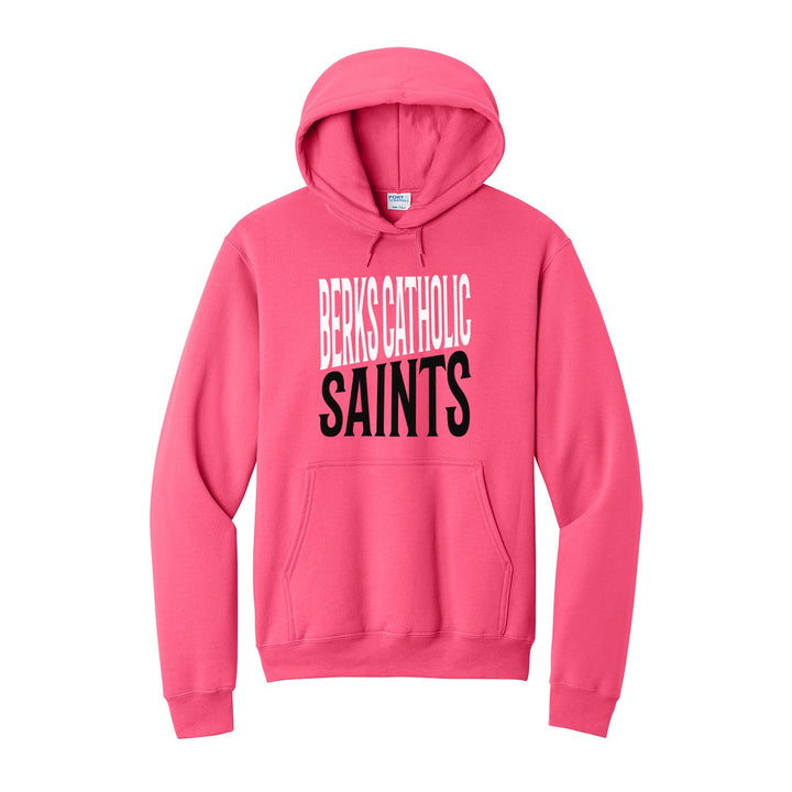 Berks Catholic Saints Block Stack hoodie in Neon Pink: tall BERKS CATHOLIC stacked over SAINTS in condensed block letters