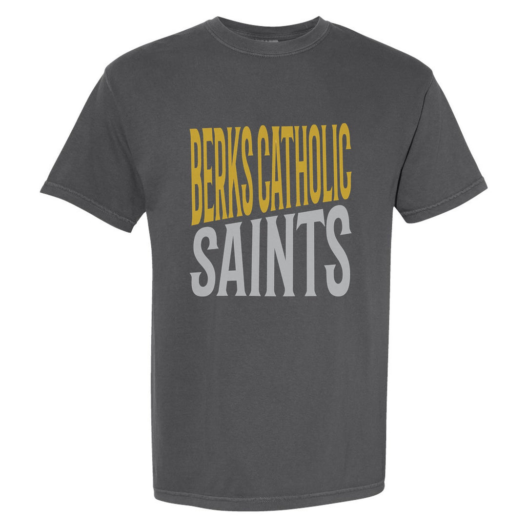 Berks Catholic Saints Block Stack comfort colors t-shirt in Pepper: tall BERKS CATHOLIC stacked over SAINTS in condensed block letters