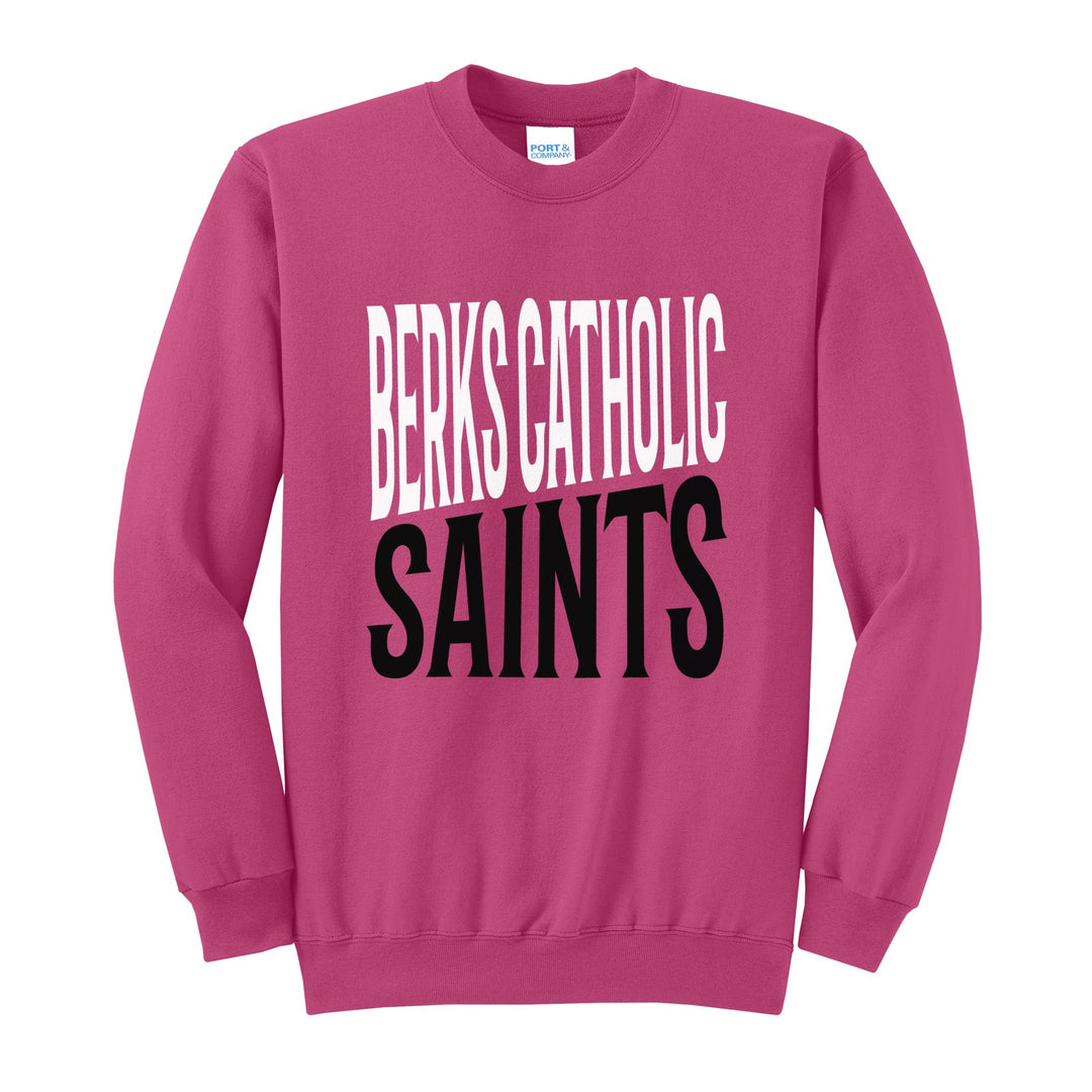 Berks Catholic Saints Block Stack crewneck sweatshirt in Sangria: tall BERKS CATHOLIC stacked over SAINTS in condensed block letters