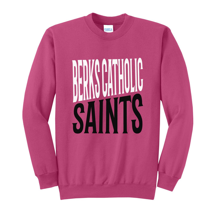Berks Catholic Saints Block Stack crewneck sweatshirt in Sangria: tall BERKS CATHOLIC stacked over SAINTS in condensed block letters