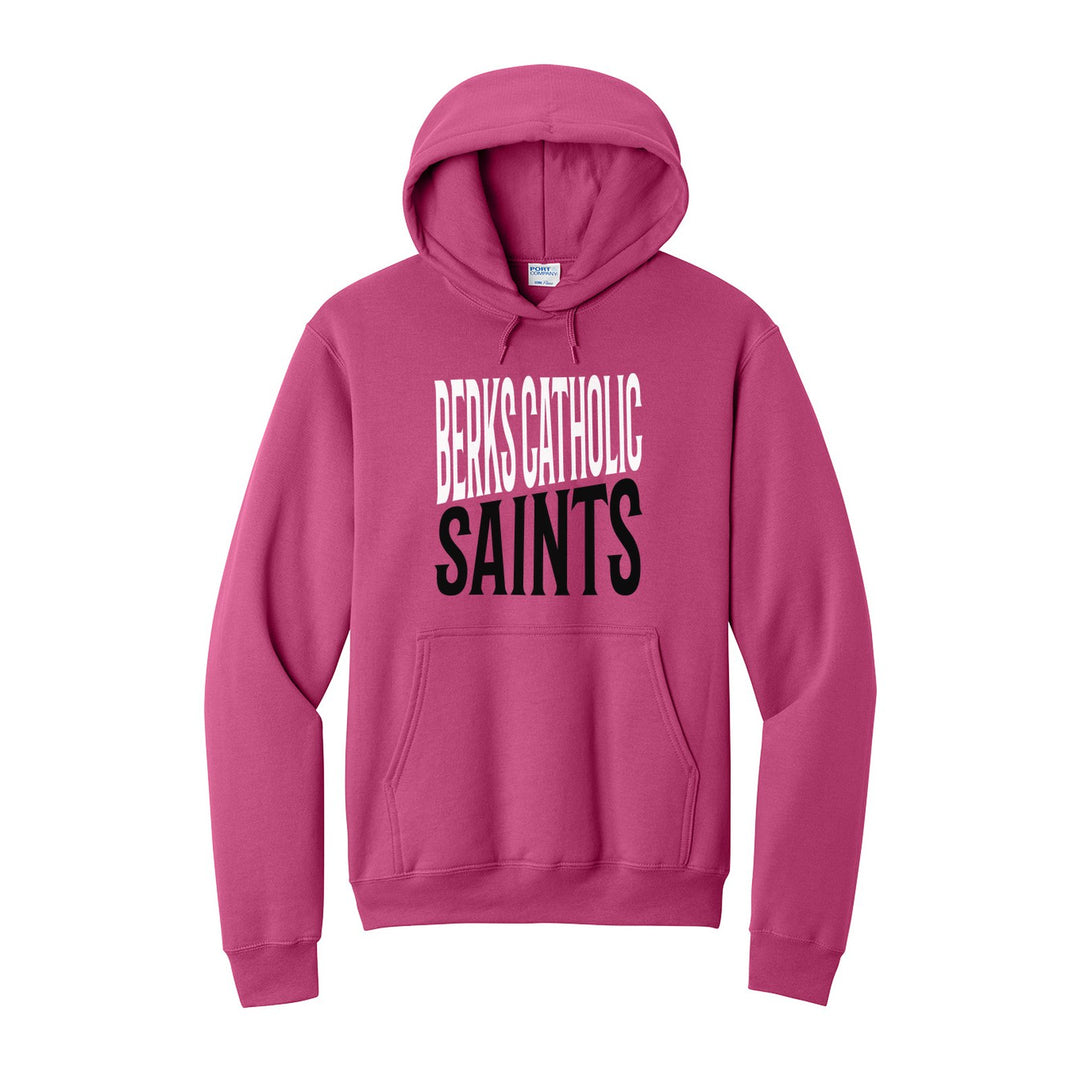 Berks Catholic Saints Block Stack hoodie in Sangria: tall BERKS CATHOLIC stacked over SAINTS in condensed block letters