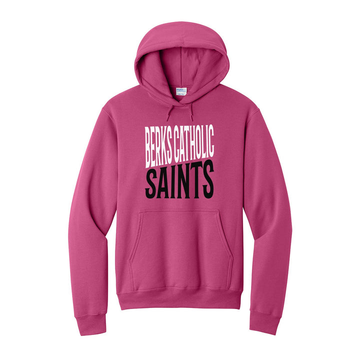 Berks Catholic Saints Block Stack hoodie in Sangria: tall BERKS CATHOLIC stacked over SAINTS in condensed block letters