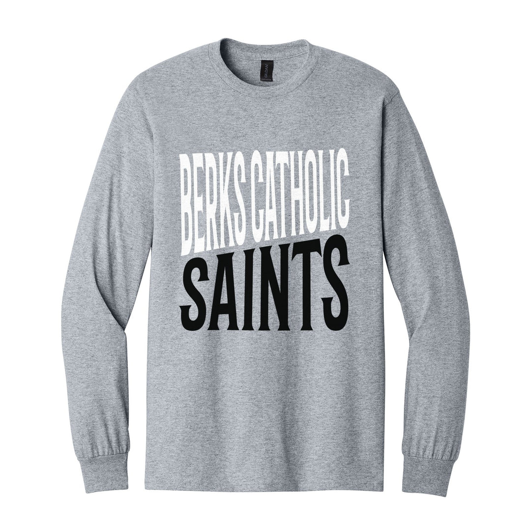 Berks Catholic Saints Block Stack long sleeve t-shirt in Sport Grey: tall BERKS CATHOLIC stacked over SAINTS in condensed block letters