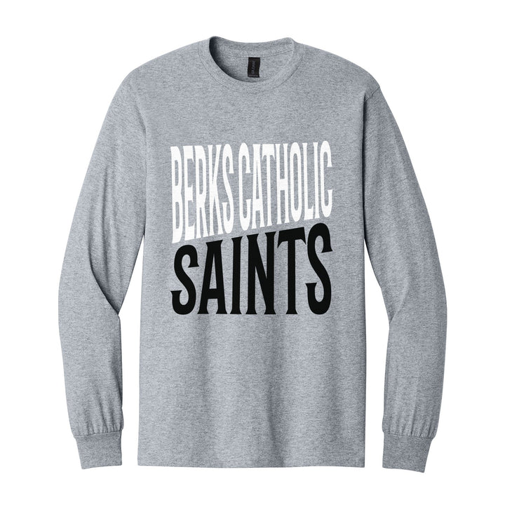 Berks Catholic Saints Block Stack long sleeve t-shirt in Sport Grey: tall BERKS CATHOLIC stacked over SAINTS in condensed block letters