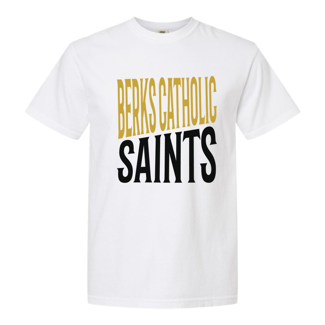 Berks Catholic Saints Block Stack comfort colors t-shirt in White: tall BERKS CATHOLIC stacked over SAINTS in condensed block letters