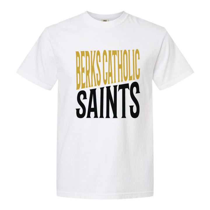 Berks Catholic Saints Block Stack comfort colors t-shirt in White: tall BERKS CATHOLIC stacked over SAINTS in condensed block letters