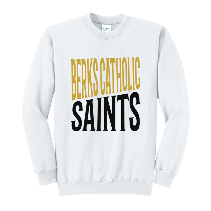 Berks Catholic Saints Block Stack crewneck sweatshirt in White: tall BERKS CATHOLIC stacked over SAINTS in condensed block letters