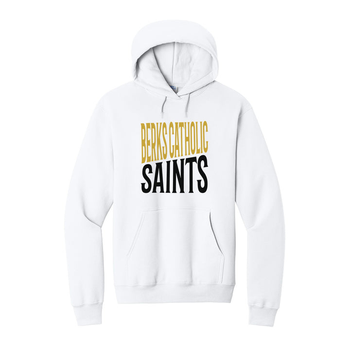 Berks Catholic Saints Block Stack hoodie in White: tall BERKS CATHOLIC stacked over SAINTS in condensed block letters