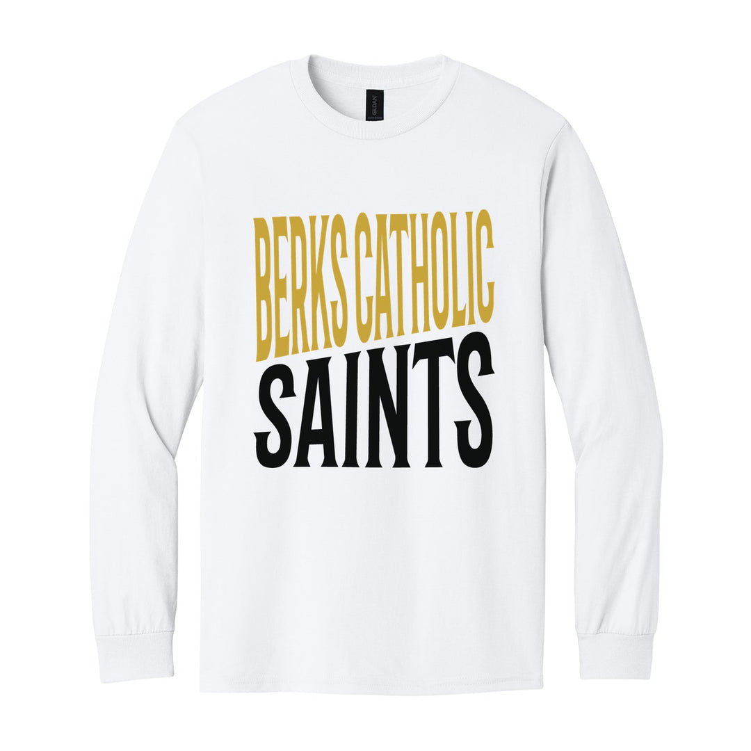 Berks Catholic Saints Block Stack long sleeve t-shirt in White: tall BERKS CATHOLIC stacked over SAINTS in condensed block letters