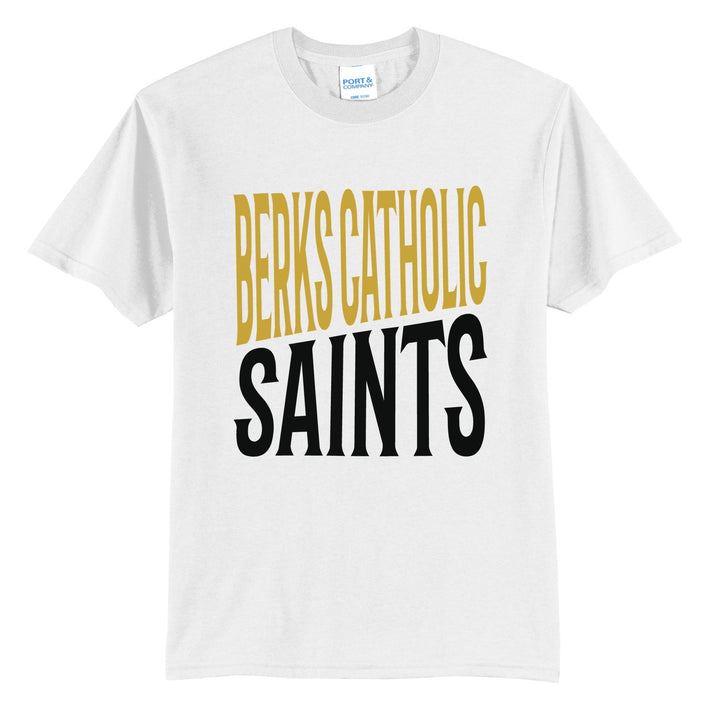 Berks Catholic Saints Block Stack t-shirt in White: tall BERKS CATHOLIC stacked over SAINTS in condensed block letters