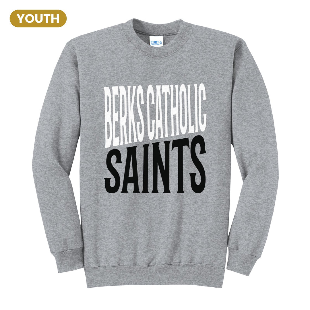 Berks Catholic Saints Block Stack youth crewneck sweatshirt in Athletic Heather: tall BERKS CATHOLIC stacked over SAINTS in condensed block letters