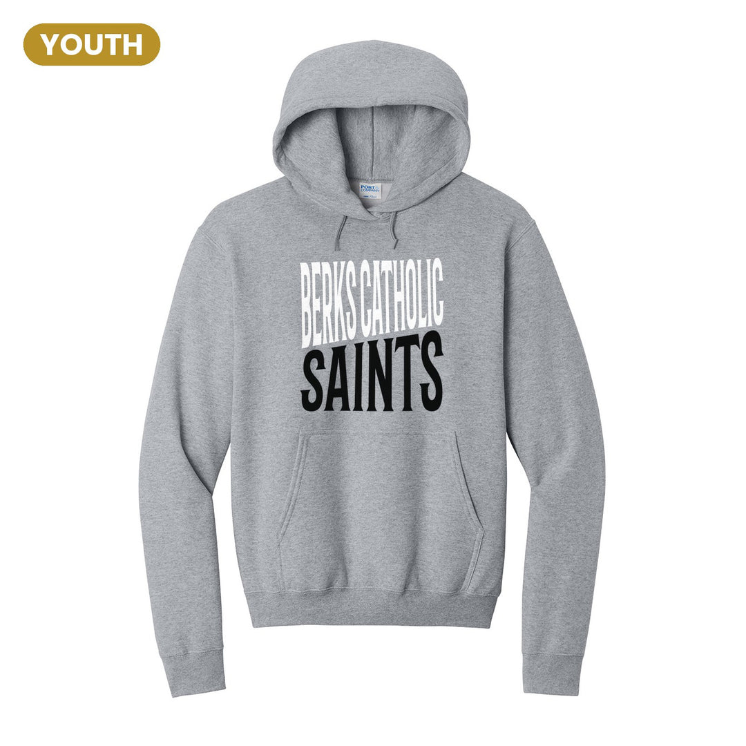 Berks Catholic Saints Block Stack youth hoodie in Athletic Heather: tall BERKS CATHOLIC stacked over SAINTS in condensed block letters