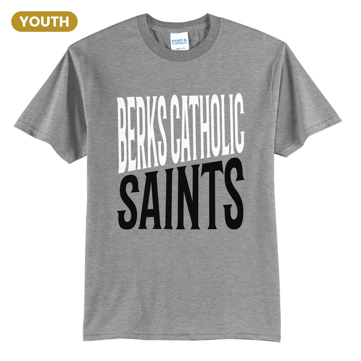 Berks Catholic Saints Block Stack youth t-shirt in Athletic Heather: tall BERKS CATHOLIC stacked over SAINTS in condensed block letters