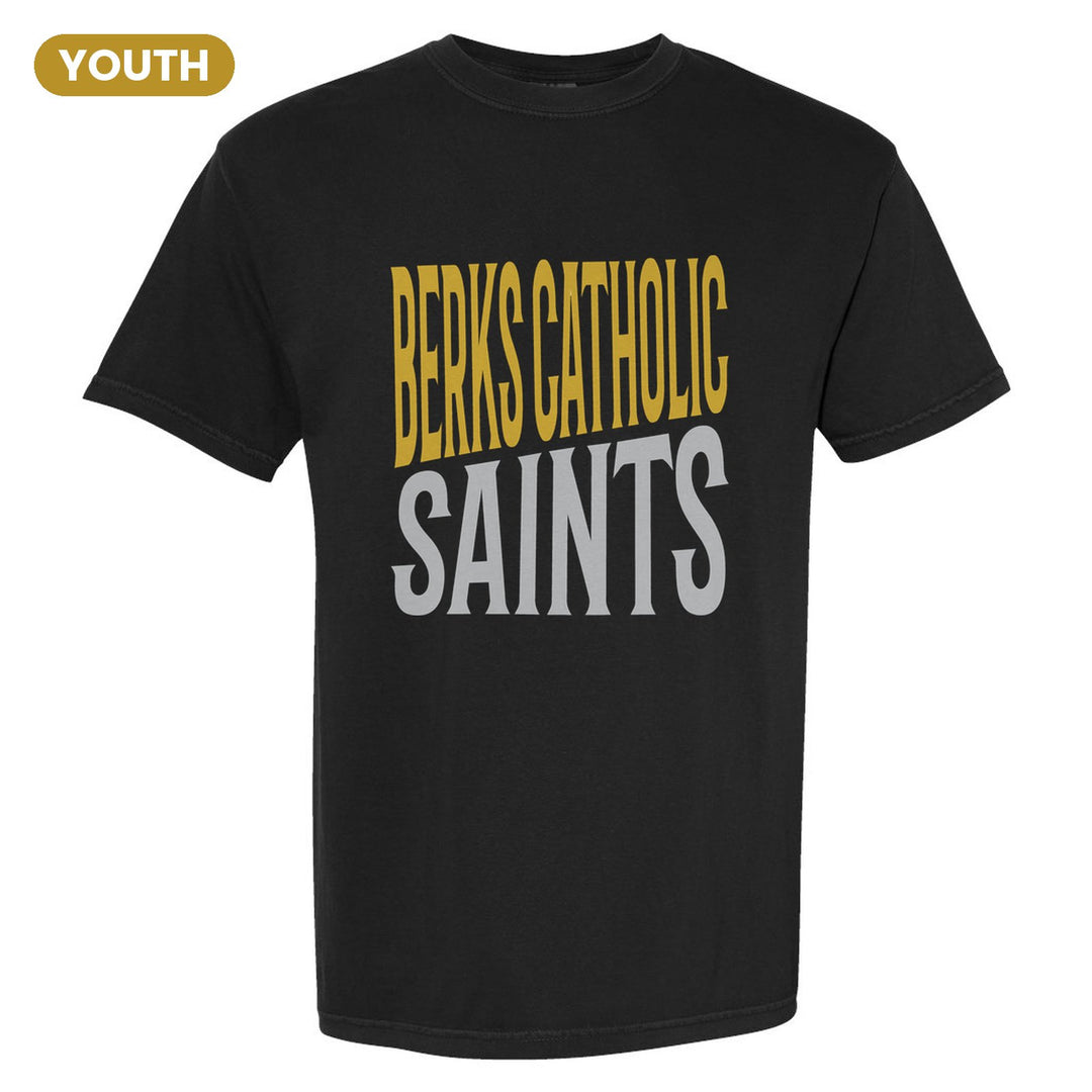 Berks Catholic Saints Block Stack youth comfort colors t-shirt in Black: tall BERKS CATHOLIC stacked over SAINTS in condensed block letters