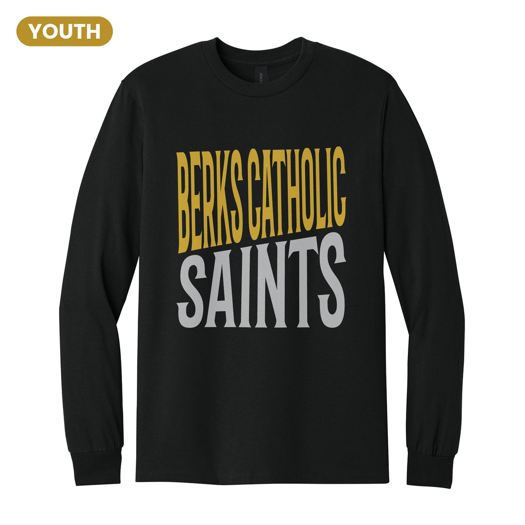 Berks Catholic Saints Block Stack youth long sleeve t-shirt in Black: tall BERKS CATHOLIC stacked over SAINTS in condensed block letters