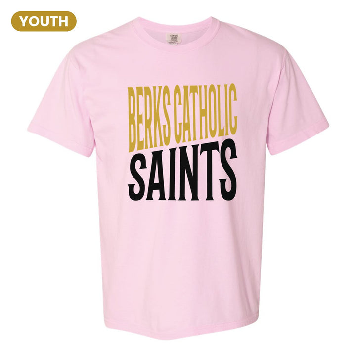 Berks Catholic Saints Block Stack youth comfort colors t-shirt in Blossom: tall BERKS CATHOLIC stacked over SAINTS in condensed block letters