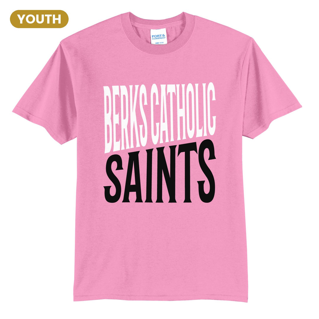 Berks Catholic Saints Block Stack youth t-shirt in Candy Pink: tall BERKS CATHOLIC stacked over SAINTS in condensed block letters
