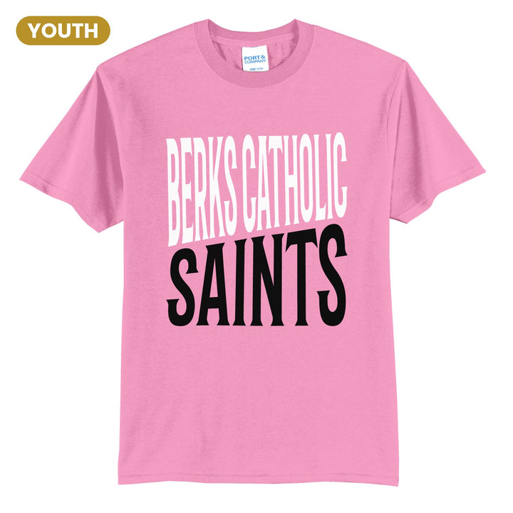 Berks Catholic Saints Block Stack youth t-shirt in Candy Pink: tall BERKS CATHOLIC stacked over SAINTS in condensed block letters