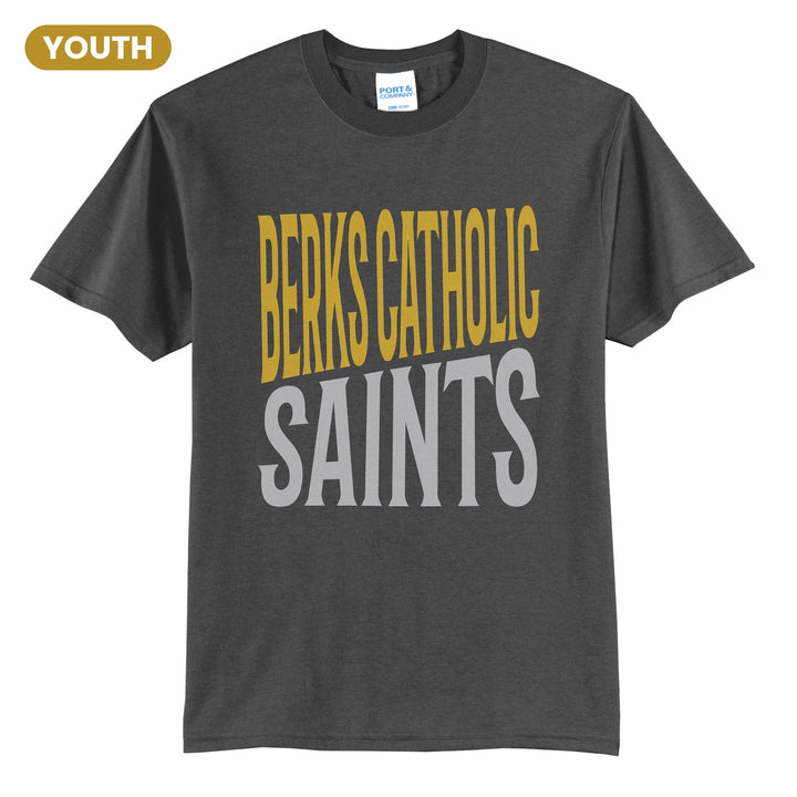 Berks Catholic Saints Block Stack youth t-shirt in Charcoal: tall BERKS CATHOLIC stacked over SAINTS in condensed block letters