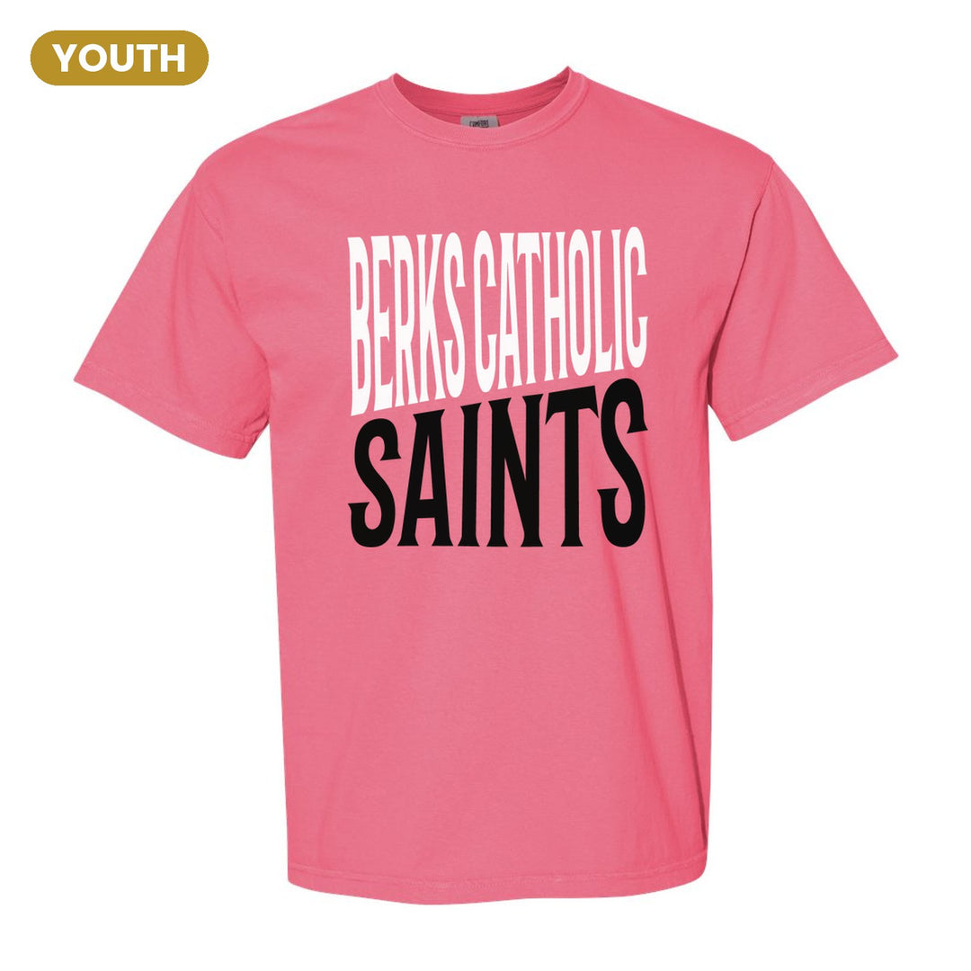 Berks Catholic Saints Block Stack youth comfort colors t-shirt in Crunchberry: tall BERKS CATHOLIC stacked over SAINTS in condensed block letters