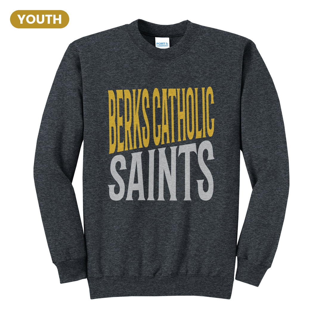 Berks Catholic Saints Block Stack youth crewneck sweatshirt in Dark Heather Grey: tall BERKS CATHOLIC stacked over SAINTS in condensed block letters
