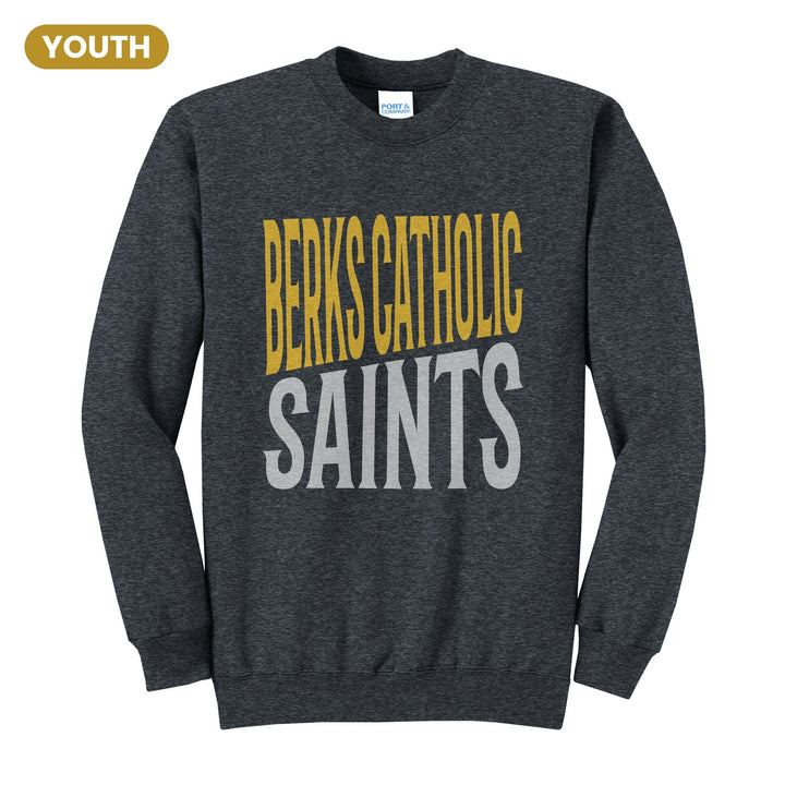 Berks Catholic Saints Block Stack youth crewneck sweatshirt in Dark Heather Grey: tall BERKS CATHOLIC stacked over SAINTS in condensed block letters