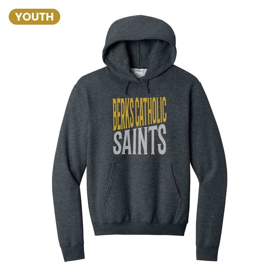 Berks Catholic Saints Block Stack youth hoodie in Dark Heather Grey: tall BERKS CATHOLIC stacked over SAINTS in condensed block letters