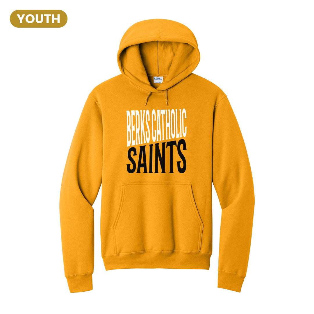 Berks Catholic Saints Block Stack youth hoodie in Gold: tall BERKS CATHOLIC stacked over SAINTS in condensed block letters