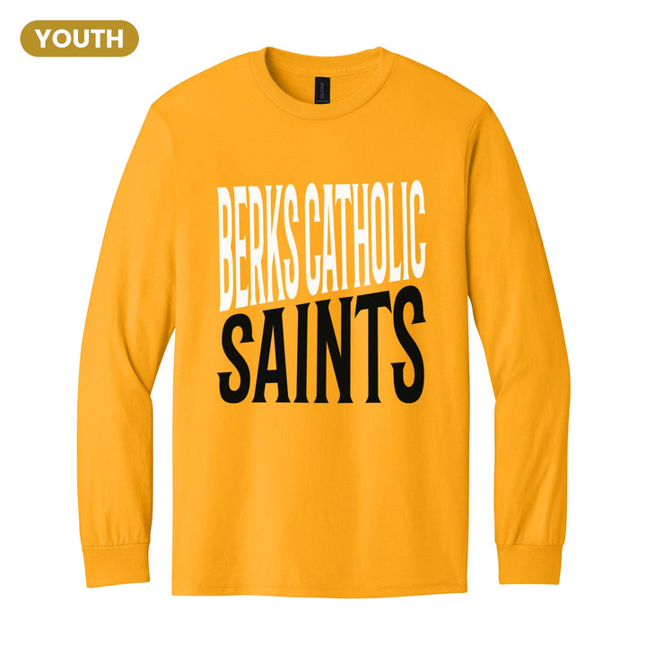 Berks Catholic Saints Block Stack youth long sleeve t-shirt in Gold: tall BERKS CATHOLIC stacked over SAINTS in condensed block letters