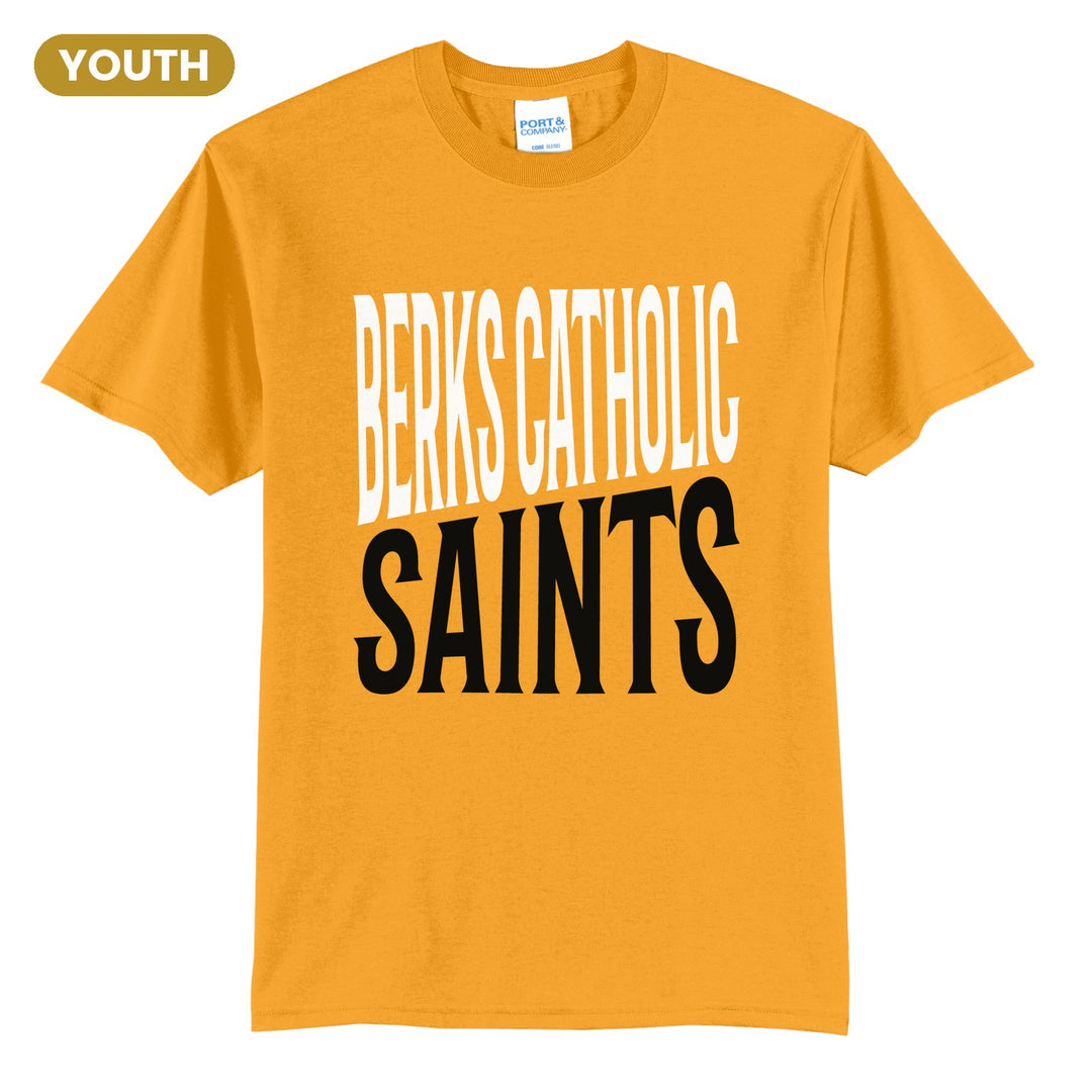 Berks Catholic Saints Block Stack youth t-shirt in Gold: tall BERKS CATHOLIC stacked over SAINTS in condensed block letters