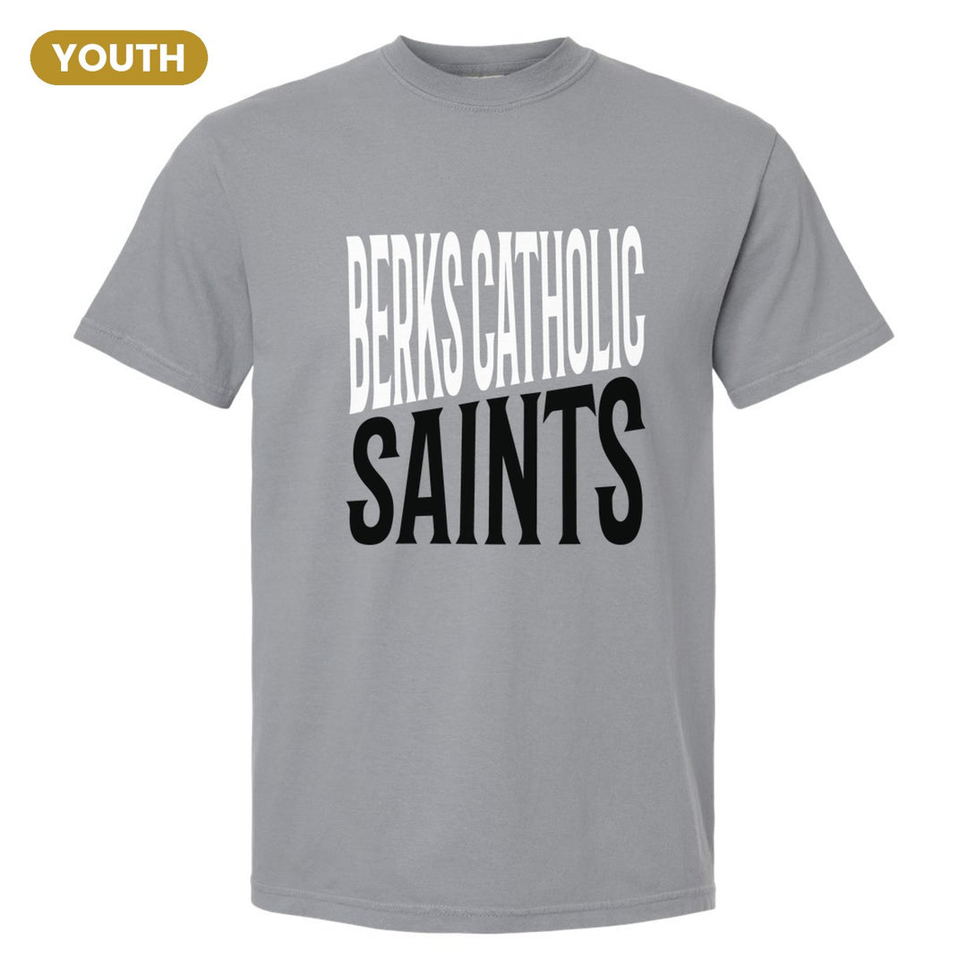 Berks Catholic Saints Block Stack youth comfort colors t-shirt in Granite: tall BERKS CATHOLIC stacked over SAINTS in condensed block letters