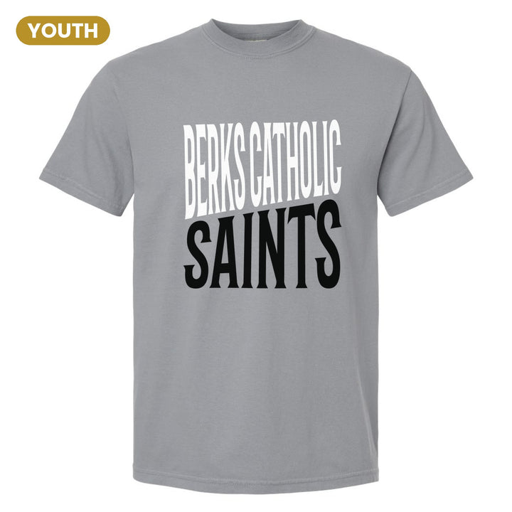Berks Catholic Saints Block Stack youth comfort colors t-shirt in Granite: tall BERKS CATHOLIC stacked over SAINTS in condensed block letters