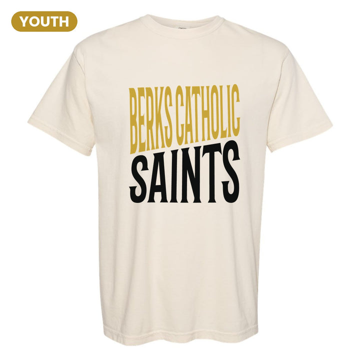 Berks Catholic Saints Block Stack youth comfort colors t-shirt in Ivory: tall BERKS CATHOLIC stacked over SAINTS in condensed block letters